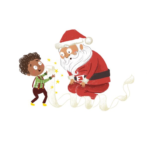 Santa Claus and a contract-bearing child. Art by vdesrochers.com.